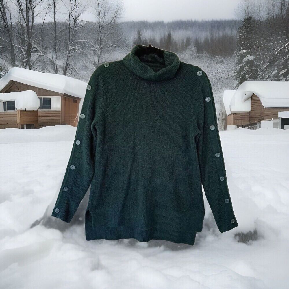 Halogen Women's XS Mock Neck Sweater Green Button Sleeves Oversized‎